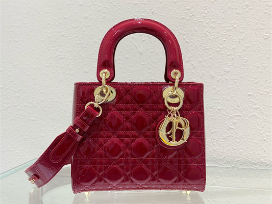 cd small lady di.or my abcD*or bag patent cannage calfskin gold tone metal cherry red