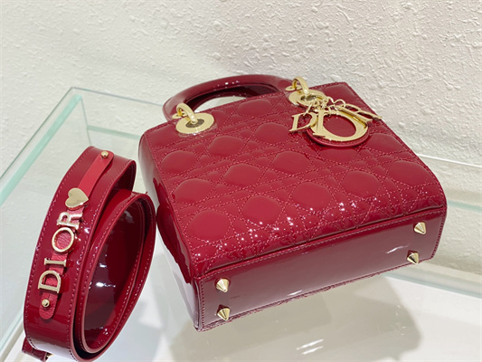 cd small lady di.or my abcD*or bag patent cannage calfskin gold tone metal cherry red