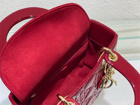 cd small lady di.or my abcD*or bag patent cannage calfskin gold tone metal cherry red