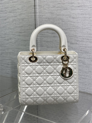 CD Medium Lady Di.or Bag Cannage Lambskin Gold Tone Metal White