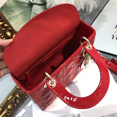 CD Medium Lady Di.or Bag Patent Cannage Calfskin Gold Tone Metal Red