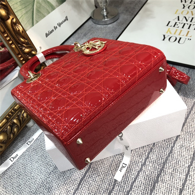 CD Medium Lady Di.or Bag Patent Cannage Calfskin Gold Tone Metal Red