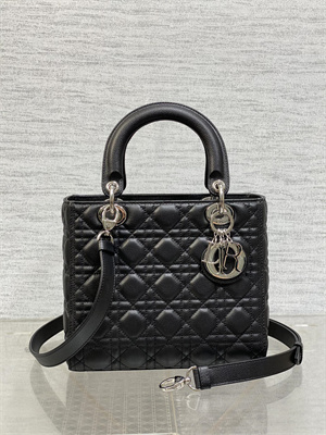 CD Medium Lady Di.or Bag Cannage Grained Calfskin Silver Tone Metal Black