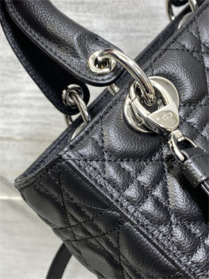 CD Medium Lady Di.or Bag Cannage Grained Calfskin Silver Tone Metal Black