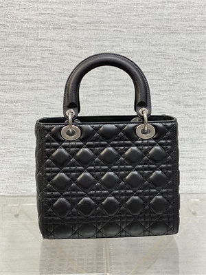 CD Medium Lady Di.or Bag Cannage Grained Calfskin Silver Tone Metal Black