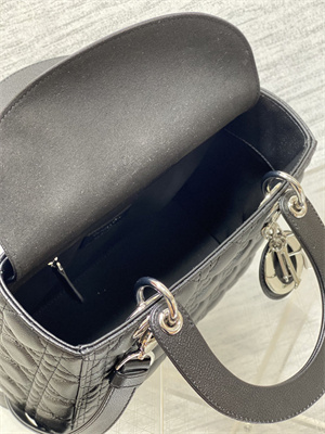 CD Medium Lady Di.or Bag Cannage Grained Calfskin Silver Tone Metal Black