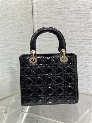 CD Medium Lady Di.or Bag Patent Cannage Calfskin Gold Tone Metal Black