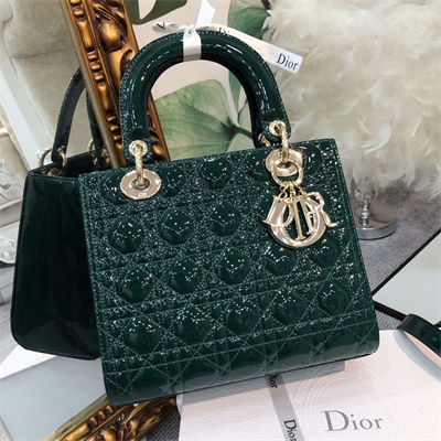 CD Medium Lady Di.or Bag Patent Cannage Calfskin Gold Tone Metal Dk Green