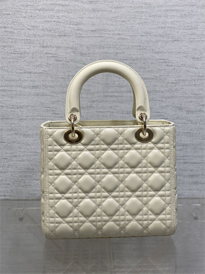 CD Medium Lady Di.or Bag Cannage Grained Calfskin Gold Tone Metal Cream