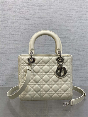 CD Medium Lady Di.or Bag Cannage Grained Calfskin Silver Tone Metal Cream