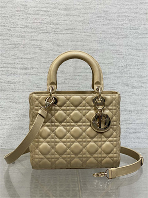 CD Medium Lady Di.or Bag Cannage Grained Calfskin Gold Tone Metal Beige