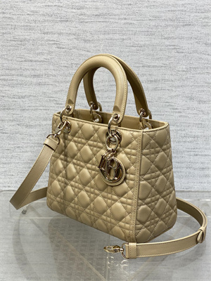 CD Medium Lady Di.or Bag Cannage Grained Calfskin Gold Tone Metal Beige