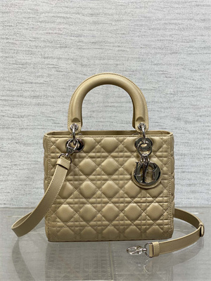 CD Medium Lady Di.or Bag Cannage Grained Calfskin Silver Tone Metal Beige
