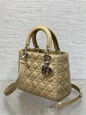 CD Medium Lady Di.or Bag Cannage Grained Calfskin Silver Tone Metal Beige