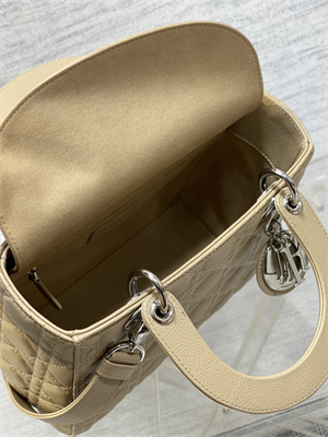 CD Medium Lady Di.or Bag Cannage Grained Calfskin Silver Tone Metal Beige