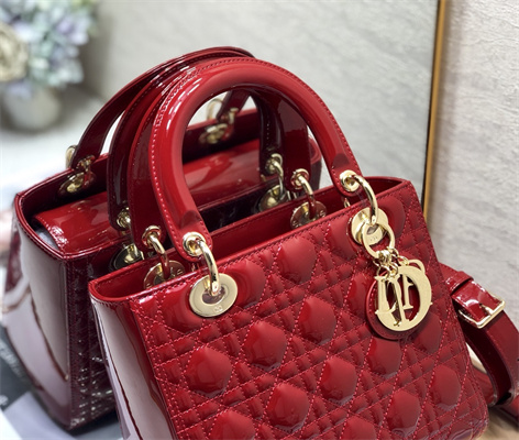 CD Medium Lady Di.or Bag Patent Cannage Calfskin Gold Tone Metal Cherry Red