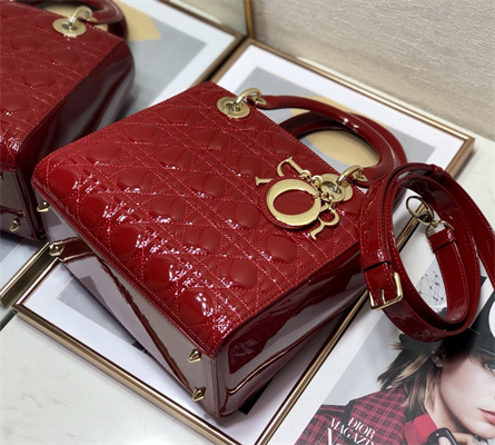 CD Medium Lady Di.or Bag Patent Cannage Calfskin Gold Tone Metal Cherry Red