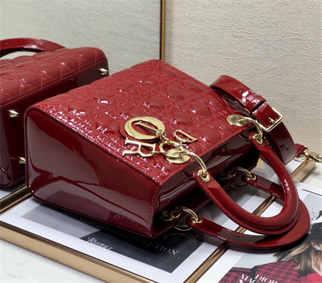 CD Medium Lady Di.or Bag Patent Cannage Calfskin Gold Tone Metal Cherry Red