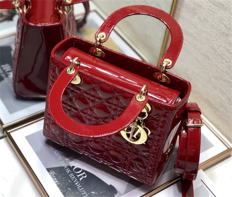 CD Medium Lady Di.or Bag Patent Cannage Calfskin Gold Tone Metal Cherry Red