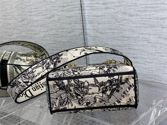 CD Medium Lady Di.or D-Lite Bag Toile de Jouy Zodiac Embroidery Latte And Black