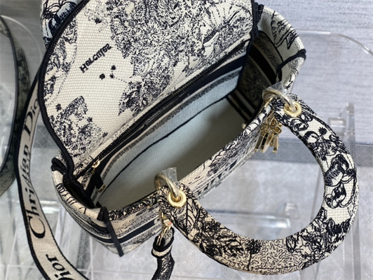 CD Medium Lady Di.or D-Lite Bag Toile de Jouy Zodiac Embroidery Latte And Black