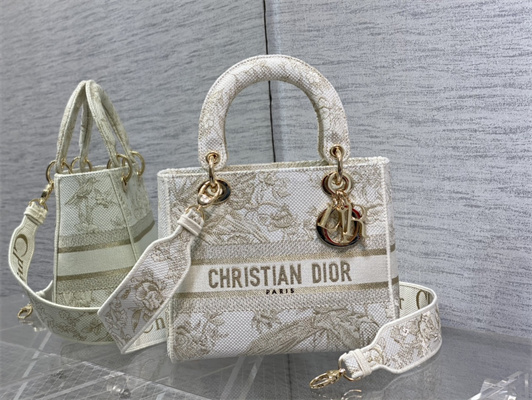 CD Medium Lady Di.or D-Lite Bag Jardin d’Hiver Embroidery Gold Tone and White