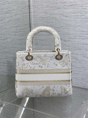 CD Medium Lady Di.or D-Lite Bag Butterfly Zodiac Embroidery Gold Tone and White
