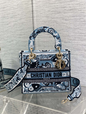 CD Medium Lady Di.or D-Lite Bag Butterfly Bandana Embroidery Denim Blue Multicolor