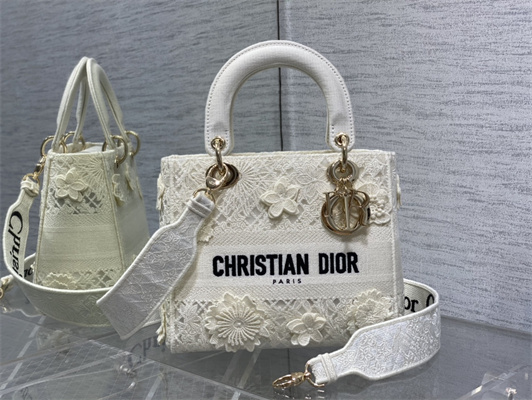 CD Medium Lady Di.or D-Lite Bag White D-Lace Embroidery With 3D Macrame Eeffect