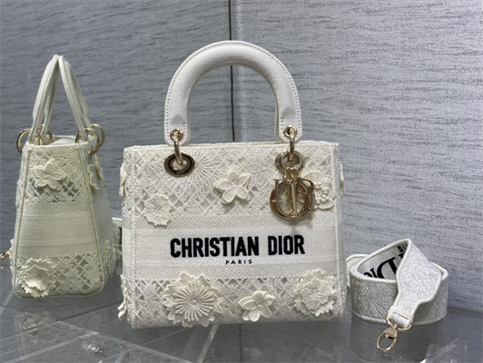 CD Medium Lady Di.or D-Lite Bag White D-Lace Embroidery With 3D Macrame Eeffect
