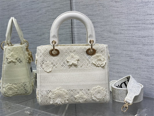 CD Medium Lady Di.or D-Lite Bag White D-Lace Embroidery With 3D Macrame Eeffect