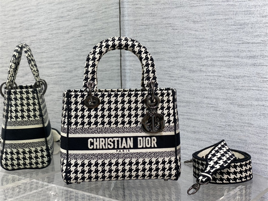 CD Medium Lady Di.or D-Lite Bag Black And Whtie Houndstooth Embroidery