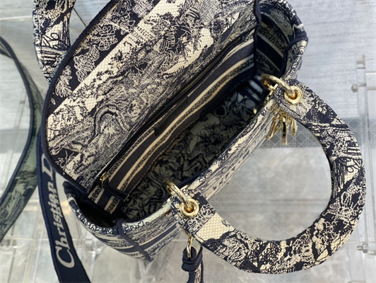 CD Medium Lady Di.or D-Lite Bag Toile de Jouy Embroidery Stripes White and Blue