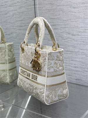 CD Medium Lady Di.or D-Lite Bag Butterfly Around The World Embroidery Gold Tone and White