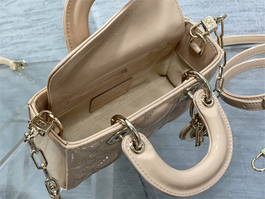 CD Lady D-Joy Micro Bag Patent Cannage Calfskin Gold Tone Metal Nude Pink