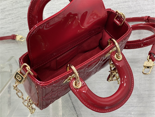 CD Lady D-Joy Micro Bag Patent Cannage Calfskin Gold Tone Metal Cherry Red