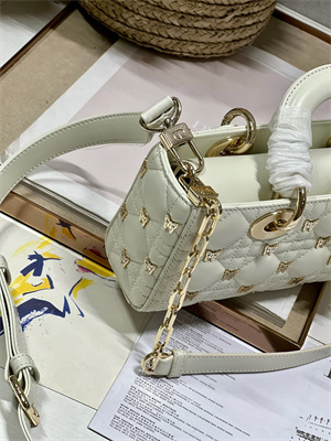 CD Small Lady D-Joy Bag Cannage Lambskin With Golden Butterfly Gold Tone Metal White