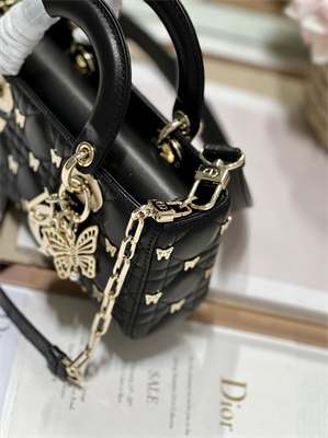 CD Small Lady D-Joy Bag Cannage Lambskin With Golden Butterfly Gold Tone Metal Black