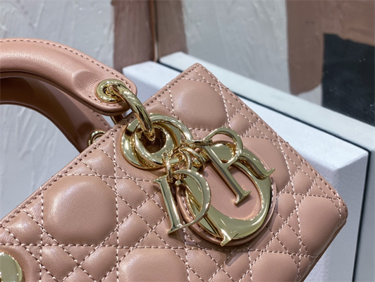 CD Small Lady D-Joy Bag Cannage Lambskin Gold Tone Metal Dusty Pink