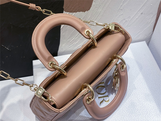 CD Small Lady D-Joy Bag Cannage Lambskin Gold Tone Metal Dusty Pink