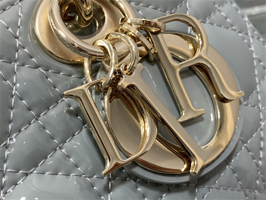 CD Small Lady D-Joy Bag Patent Cannage Calfskin Gold Tone Metal Stone Grey