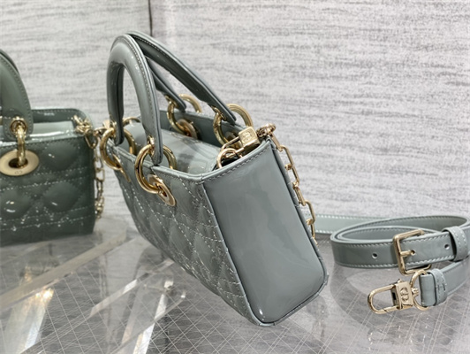 CD Small Lady D-Joy Bag Patent Cannage Calfskin Gold Tone Metal Stone Grey