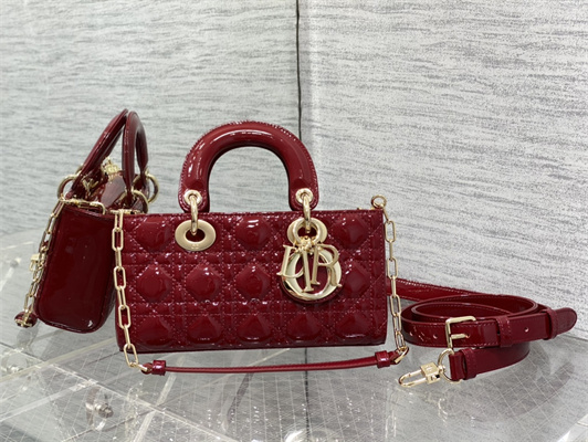 CD Small Lady D-Joy Bag Patent Cannage Calfskin Gold Tone Metal Cherry Red