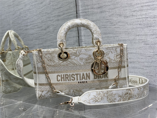 CD Medium Lady D-Joy Bag Jardin d’Hiver Embroidery Gold Tone and White