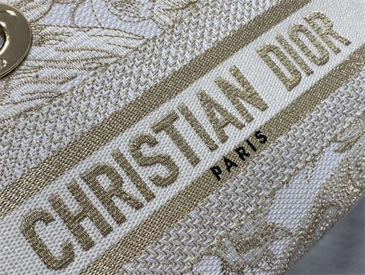 CD Medium Lady D-Joy Bag Jardin d’Hiver Embroidery Gold Tone and White