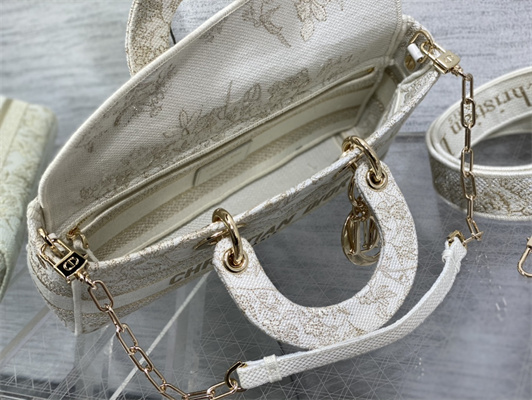 CD Medium Lady D-Joy Bag Jardin d’Hiver Embroidery Gold Tone and White