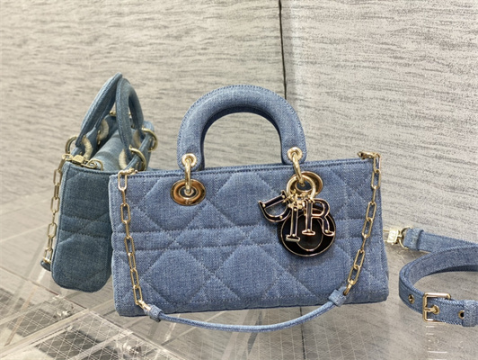 CD Medium Lady D-Joy Bag Cannage Denim Blue Gold Tone Metal