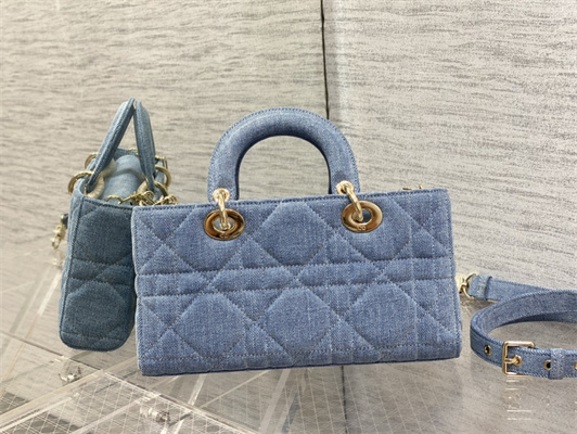 CD Medium Lady D-Joy Bag Cannage Denim Blue Gold Tone Metal