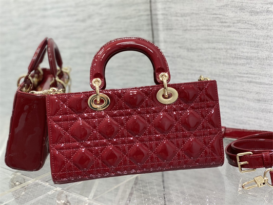CD Medium Lady D-Joy Bag Patent Cannage Calfskin Gold Tone Metal Cherry Red