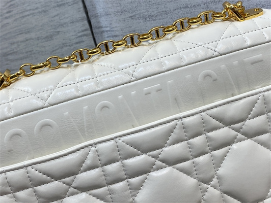 CD Large Di.or Caro Bag Quilted Macrocannage Calfskin Gold Tone Metal White